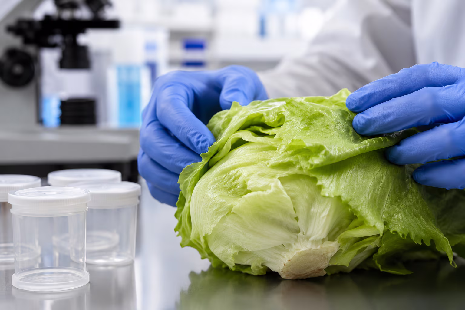 Gloved lab technician inspecting iceberg lettuce beside sample containers in a food safety laboratory.